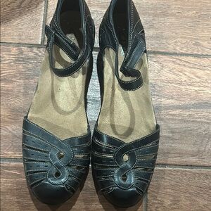 Clarks Black Leather Flats with Mary Jane Strap